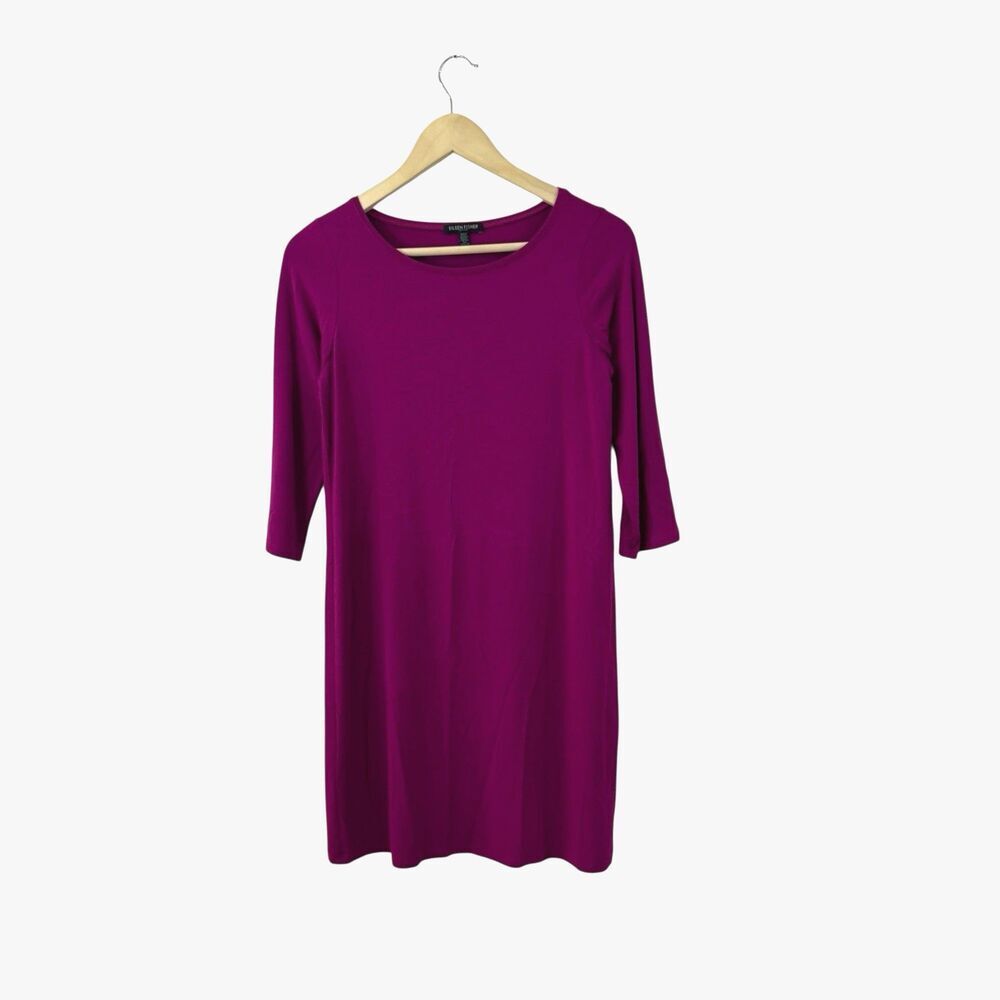 Eileen Fisher Petite PP Dress Magenta 3/4 Sleeve Knee Length Stretch Womens